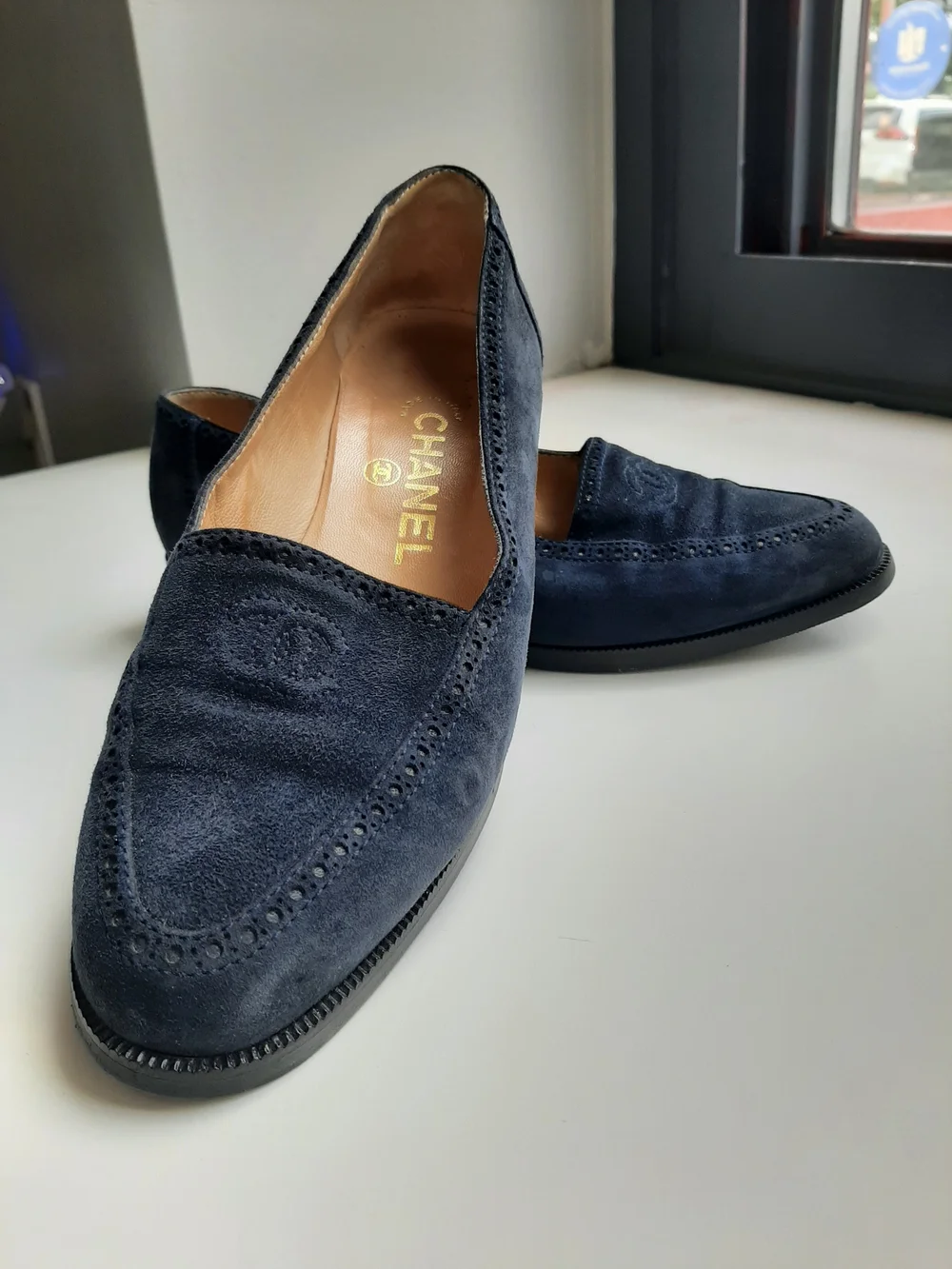 CHANEL Navy Suede Loafers with Embossed CC